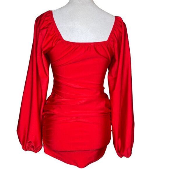 LA SEDUCTION Red Satin Ruched Mini Dress Puff Sleeve Keyhole - Picture 4 of 11